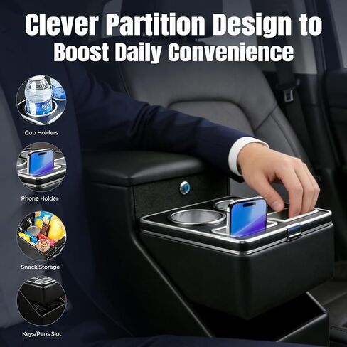 Vehicle Center Console Organizer - Floor-Mounted Lockable Storage with Dual Cup Holders, Fits Minivans, SUVs & Van Middle Seats 10.24 inch Wide in Saudi Arabia