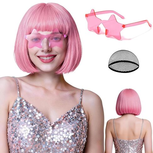 Grass Green Bob Wig Neon Bobs Star Sunglasses Set for Women, Colorful Party Funny Wigs with Bangs Hair Cap for Mardi Gras St. Patrick's Day Christmas Costume Nightclubs Fairy Outfit in Saudi Arabia