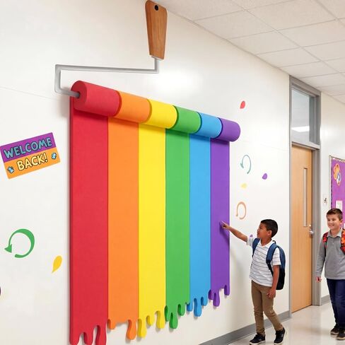 Eaasty 90 Inches 3D Art Painting Classroom Wall Decor Rainbow Paint Party Bulletin Board Decorations Set DIY Paint Brush Cutout Rainbow EVA Back to School Decoration for First Day of School Chalkboard in Kuwait