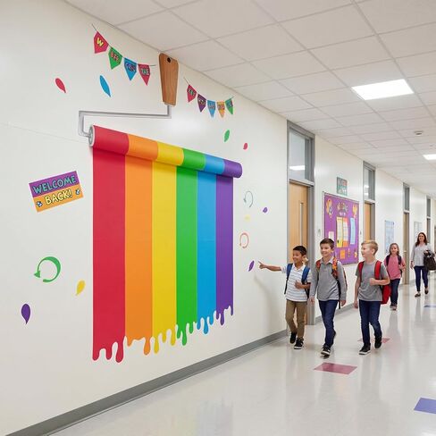 Eaasty 90 Inches 3D Art Painting Classroom Wall Decor Rainbow Paint Party Bulletin Board Decorations Set DIY Paint Brush Cutout Rainbow EVA Back to School Decoration for First Day of School Chalkboard in Kuwait