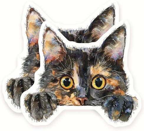 Tortoiseshell Cat Stickers - Watercolor Kitty - Peekaboo Kitten - 2 Pack - - 5" Wide Design - Adheres to Laptops, Tumblers, and More – Made in The USA - AQS7542 in Saudi Arabia