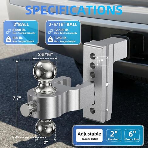 Adjustable Trailer Hitch, Drop Hitch Fits 2 Inch Receiver, (2" x 2-5/16") Dual Ball Mount Aluminum Tow Hitches, 6'' Drop/Rise - 12,500 LBS GTW for Trucks, RV, Camper etc in Saudi Arabia