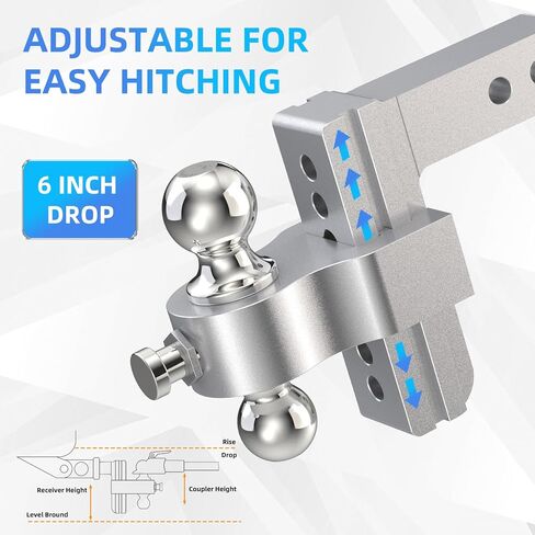 Adjustable Trailer Hitch, Drop Hitch Fits 2 Inch Receiver, (2" x 2-5/16") Dual Ball Mount Aluminum Tow Hitches, 6'' Drop/Rise - 12,500 LBS GTW for Trucks, RV, Camper etc in Saudi Arabia
