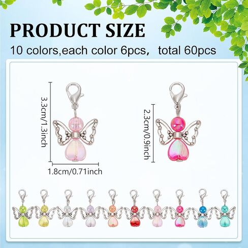 WADORN 60Pcs 10 Colors Angel Wing Charm, Colorful Acrylic Angel Beads Pendants Guardian Fairy Heart Beads Decoration Charms with Alloy Claw Clasps for DIY Bracelet Earring Jewelry Making Crafts in Kuwait