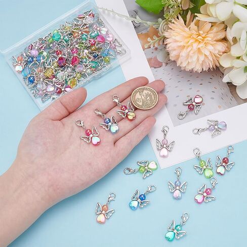 WADORN 60Pcs 10 Colors Angel Wing Charm, Colorful Acrylic Angel Beads Pendants Guardian Fairy Heart Beads Decoration Charms with Alloy Claw Clasps for DIY Bracelet Earring Jewelry Making Crafts in Kuwait