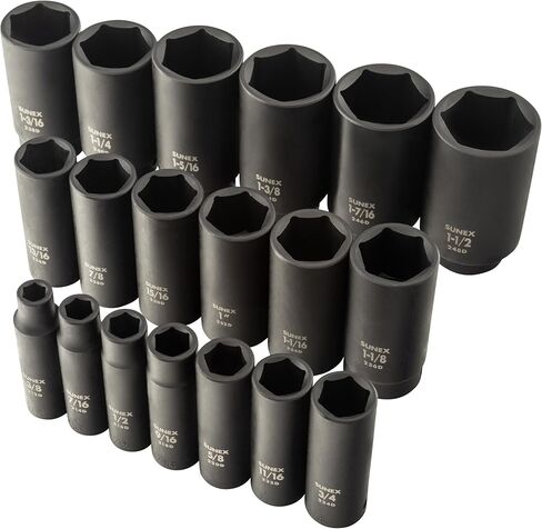 SUNEX TOOLS 2641, 1/2 Inch Drive Deep Impact Socket Set, 19-Piece, SAE, 3/8" - 1-1/2", Cr-Mo Alloy Steel, Radius Corner Design, Dual Size Markings, Heavy Duty Storage Case in Saudi Arabia