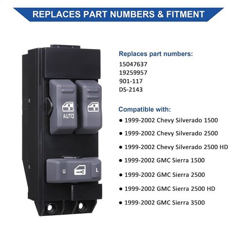 Driver Side Power Window Control Switch Gray Buttons, Compatible with 1999-2002 Chevrolet Silverado and GMC Sierra 1500 2500 3500, Replace OE 19259957, 901-117, 15047637, 2-Doors Pickup Truck in Saudi Arabia