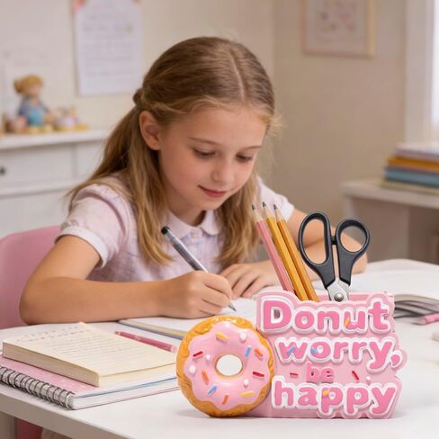 ZAWUU Donut Shaped Organizer - Cute Pink Resin Donut Worry, Be Happy Multi-Use Holder for Pens, Makeup Brushes, Utensils, and More – Perfect Desk or Kitchen Accessory Gift in Saudi Arabia