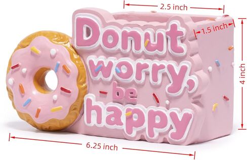 ZAWUU Donut Shaped Organizer - Cute Pink Resin Donut Worry, Be Happy Multi-Use Holder for Pens, Makeup Brushes, Utensils, and More – Perfect Desk or Kitchen Accessory Gift in Saudi Arabia