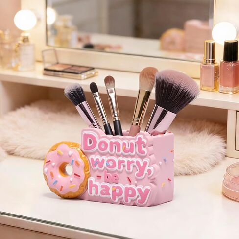 ZAWUU Donut Shaped Organizer - Cute Pink Resin Donut Worry, Be Happy Multi-Use Holder for Pens, Makeup Brushes, Utensils, and More – Perfect Desk or Kitchen Accessory Gift in Saudi Arabia