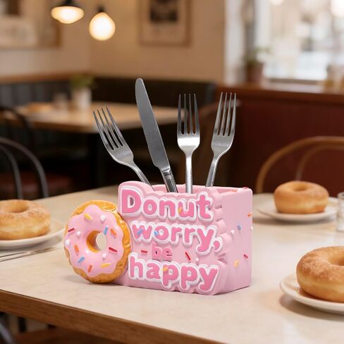 ZAWUU Donut Shaped Organizer - Cute Pink Resin Donut Worry, Be Happy Multi-Use Holder for Pens, Makeup Brushes, Utensils, and More – Perfect Desk or Kitchen Accessory Gift in Saudi Arabia