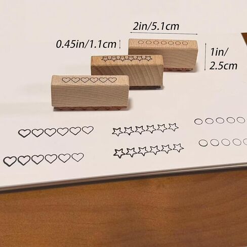 3-Piece Wooden Rubber Stamp Set - 6-Star Rating Stamp, Heart Rating Stamp & Progress Ring Circle Stamp for Card Making, Journaling, Crafting and Decoration（2in Length × 0.45in Width） in Saudi Arabia