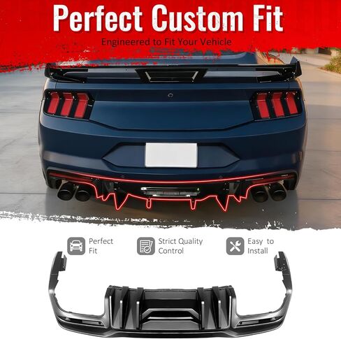IKON MOTORSPORTS الناشر الخلفي، متوافق مع 2024-2026 Ford Mustang جميع الموديلات باستثناء GTD، نمط المنافسة اللامع الأسود PP المصد الخلفي الستارة المفسد سد الهواء الذقن الفاصل صب 4 قطع in Saudi Arabia