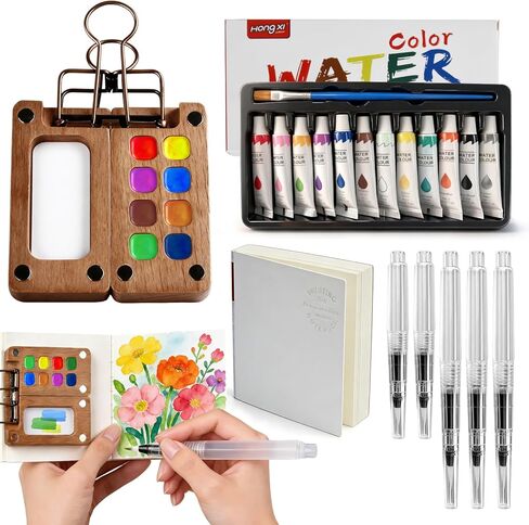 Mini Watercolor Paint Set, Pocket Watercolor Kit, Travel Watercolor Set with 12 Vibrant Colors, 5 Brushes, 1 Sketchbook & Palette – Portable Outdoor Painting Kit for Artists and Painting Lovers in Saudi Arabia