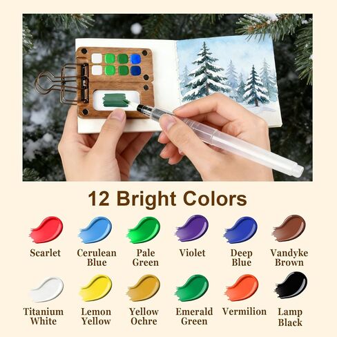 Mini Watercolor Paint Set, Pocket Watercolor Kit, Travel Watercolor Set with 12 Vibrant Colors, 5 Brushes, 1 Sketchbook & Palette – Portable Outdoor Painting Kit for Artists and Painting Lovers in Saudi Arabia