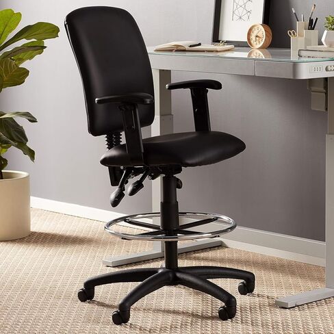 Executive High Back LeatherPlus Drafting Stool Ergonomic Multi Function Swivel Seat Adjustable Armrest Footring Pneumatic Lift Tall Standing Desk Chair Architect Studio Counter Bar Height in Saudi Arabia
