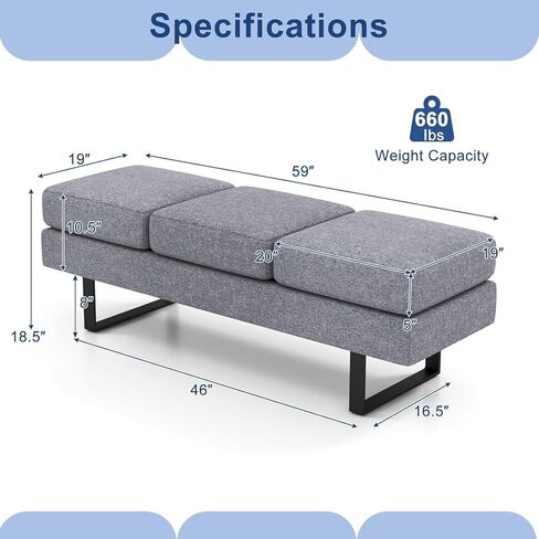 SIMOE Waiting Room Bench, 59 Inches Office Guest Chair 3 Seats Upholstered Reception Bench, Conference Room Chair for Office, Salon & Shop, Lobby, Entryway, Dining Room, Grey in Saudi Arabia
