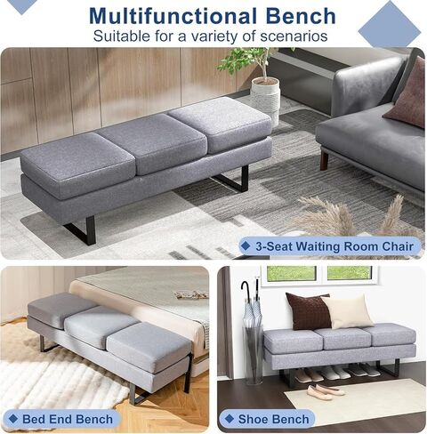 SIMOE Waiting Room Bench, 59 Inches Office Guest Chair 3 Seats Upholstered Reception Bench, Conference Room Chair for Office, Salon & Shop, Lobby, Entryway, Dining Room, Grey in Saudi Arabia