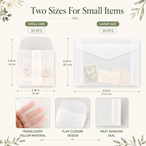 80PCS 2.36 x 2.36inch Small Glassine Envelopes, 3.23 x 4.53inch Coin Envelopes and Mini Paper Bags, Translucent Vellum Envelopes for Stamps Seeds Tickets Cards, White (2 Sizes) in Saudi Arabia