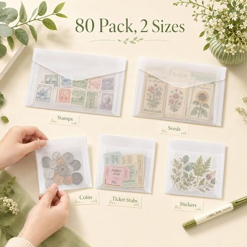 80PCS 2.36 x 2.36inch Small Glassine Envelopes, 3.23 x 4.53inch Coin Envelopes and Mini Paper Bags, Translucent Vellum Envelopes for Stamps Seeds Tickets Cards, White (2 Sizes) in Saudi Arabia