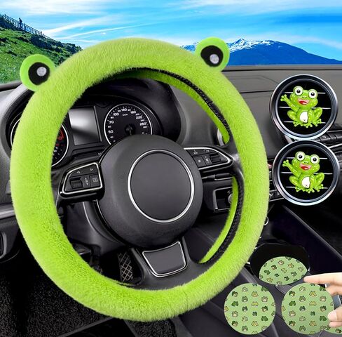 Pinbola 5 Pcs Fluffy Frog Cartoon Steering Wheel Cover Car Accessories Set Universal 14.5-15 Inch Warm Soft Plush Cup Coasters Car Decoration for Women (Green Forg) in Saudi Arabia