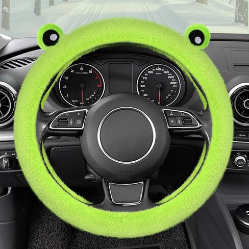 Pinbola 5 Pcs Fluffy Frog Cartoon Steering Wheel Cover Car Accessories Set Universal 14.5-15 Inch Warm Soft Plush Cup Coasters Car Decoration for Women (Green Forg) in Saudi Arabia