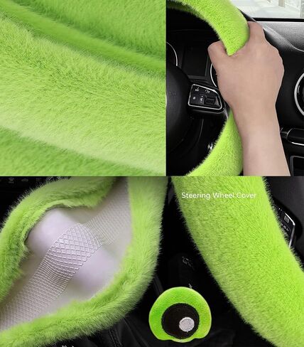 Pinbola 5 Pcs Fluffy Frog Cartoon Steering Wheel Cover Car Accessories Set Universal 14.5-15 Inch Warm Soft Plush Cup Coasters Car Decoration for Women (Green Forg) in Saudi Arabia