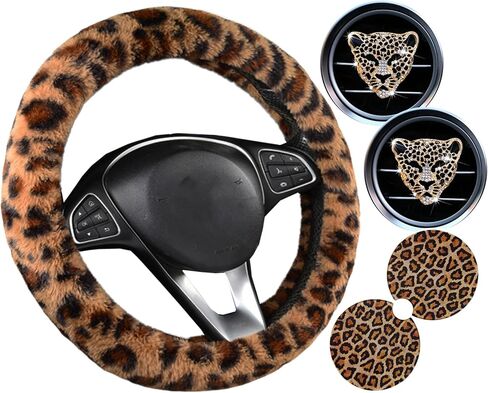 Pinbola 5 Pcs Fluffy Frog Cartoon Steering Wheel Cover Car Accessories Set Universal 14.5-15 Inch Warm Soft Plush Cup Coasters Car Decoration for Women (Green Forg) in Saudi Arabia