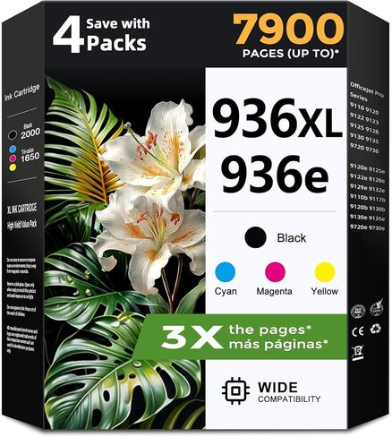خراطيش حبر 936XL بديلة لحزمة خرطوشة الحبر HP 936 936e 936 XL المتوافقة مع OfficeJet Pro 9110 9120 9125 9130 9135 9735 9720 9730 9120e 9125e (أسود سماوي أرجواني أصفر، 4 عبوات) in Kuwait
