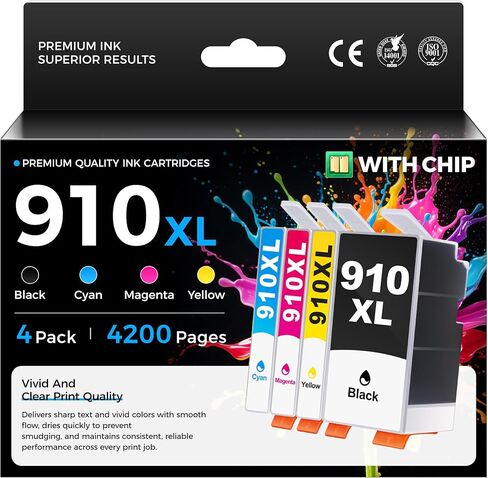 مجموعة خراطيش حبر 910XL مكونة من 4 قطع بديلة عالية الإنتاجية لحبر HP 910XL 910 المتوافق مع طابعات HP OfficeJet 8010 8020 Pro 8030 8015e 8025e 8028 8035 8018 8022e باللون الأسود والأرجواني السماوي والأصفر in Kuwait
