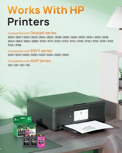 65XL 65 Ink Cartridges Black/Color Combo Pack Replacement for HP 65 65XL Ink Cartridges Work for HP DeskJet 3755 3772 3752 3700 3722 2600 2622 Envy 5055 5000 5070 5052 Printer ( 2 Black,1 Tri Color ) in Kuwait