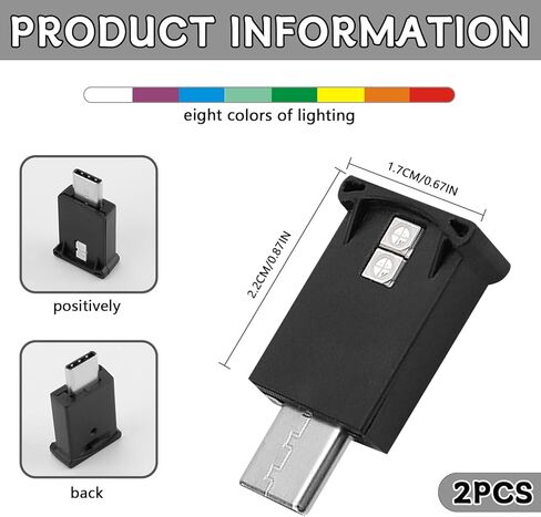 2PCS USB Type C LED Ambient Light,8 Colors RGB Dynamic Interior Atmosphere Lamp,Adjustable Mini USB LED Light for Car Decoration, Laptop, Keyboard, Universal Vehicle Interior Accessories in Kuwait