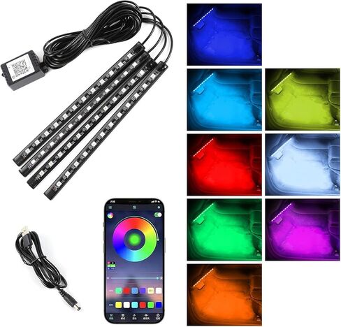 48 LED Strip Lights for Car Interior, USB Powered Footwell Ambient Lighting, Dimmable 7-Color RGB Lights with Sound-Active & Button Control, Car Accessories for Women Men in Kuwait