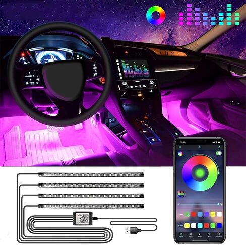48 LED Strip Lights for Car Interior, USB Powered Footwell Ambient Lighting, Dimmable 7-Color RGB Lights with Sound-Active & Button Control, Car Accessories for Women Men in Kuwait
