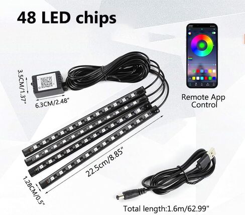 48 LED Strip Lights for Car Interior, USB Powered Footwell Ambient Lighting, Dimmable 7-Color RGB Lights with Sound-Active & Button Control, Car Accessories for Women Men in Kuwait