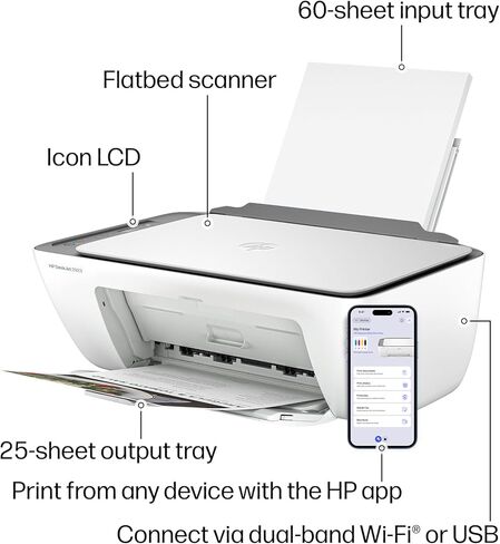 طابعة HP DeskJet 2923 اللاسلكية الكل في واحد ملونة نافثة للحبر، ماسح ضوئي، ناسخة، الأفضل للمنزل، تجربة 6 أشهر من الحبر الفوري، قادرة على الذكاء الاصطناعي (B18JWA) in Kuwait