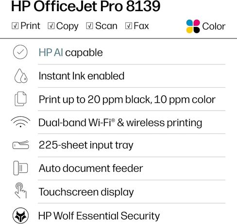 طابعة HP OfficeJet Pro 8139 اللاسلكية النافثة للحبر الملونة الكل في واحد، طباعة، مسح ضوئي، نسخ، فاكس، ADF، طباعة على الوجهين الأفضل للمكتب المنزلي، تجربة لمدة عام من الحبر الفوري، قادرة على الذكاء الاصطناعي (C2VK3A) in Kuwait