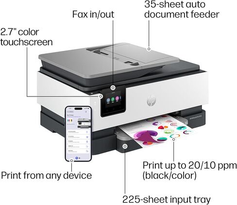 طابعة HP OfficeJet Pro 8139 اللاسلكية النافثة للحبر الملونة الكل في واحد، طباعة، مسح ضوئي، نسخ، فاكس، ADF، طباعة على الوجهين الأفضل للمكتب المنزلي، تجربة لمدة عام من الحبر الفوري، قادرة على الذكاء الاصطناعي (C2VK3A) in Kuwait