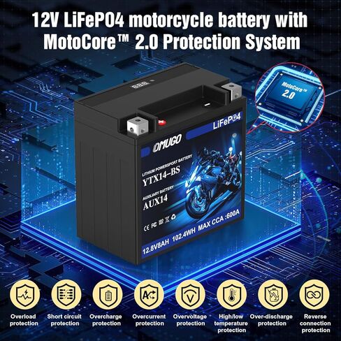YTX14-BS بطارية ليثيوم للدراجات النارية 12 فولت 8 أمبير 600CCA LiFePO4 مع نظام حماية MotoCore - استبدال الرياضات القوية لمركبات ATV، UTV، عربات الثلوج، Jet Ski، PWC، سكوتر، ركوب جزازة العشب والجرار in Kuwait