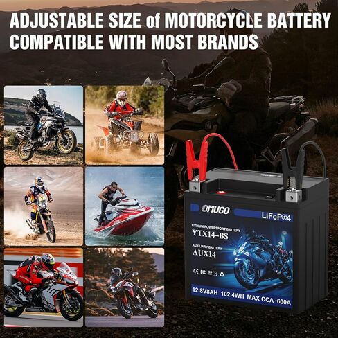 YTX14-BS بطارية ليثيوم للدراجات النارية 12 فولت 8 أمبير 600CCA LiFePO4 مع نظام حماية MotoCore - استبدال الرياضات القوية لمركبات ATV، UTV، عربات الثلوج، Jet Ski، PWC، سكوتر، ركوب جزازة العشب والجرار in Kuwait