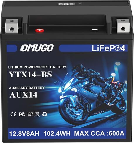 YTX14-BS بطارية ليثيوم للدراجات النارية 12 فولت 8 أمبير 600CCA LiFePO4 مع نظام حماية MotoCore - استبدال الرياضات القوية لمركبات ATV، UTV، عربات الثلوج، Jet Ski، PWC، سكوتر، ركوب جزازة العشب والجرار in Kuwait