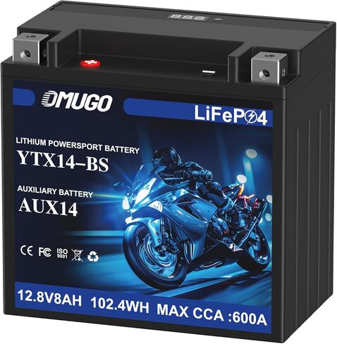 YTX14-BS بطارية ليثيوم للدراجات النارية 12 فولت 8 أمبير 600CCA LiFePO4 مع نظام حماية MotoCore - استبدال الرياضات القوية لمركبات ATV، UTV، عربات الثلوج، Jet Ski، PWC، سكوتر، ركوب جزازة العشب والجرار in Kuwait
