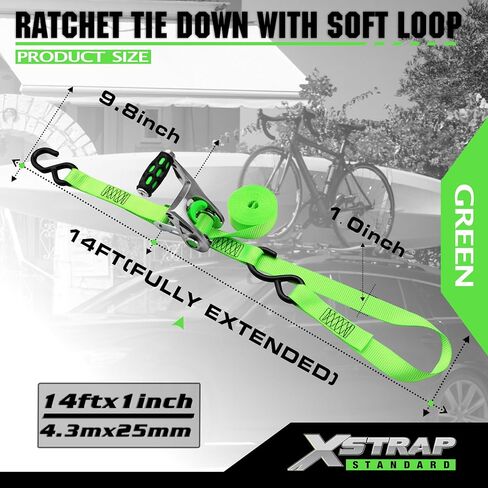 XSTRAP STANDARD 1in x 14ft Ratchet Straps with Ergonomic Aluminium Alloy Handle and Coated S-Hooks - 500 lb. Working Load Limit / 1,500 lb. Breaking Strength - Green, 2PK in Saudi Arabia