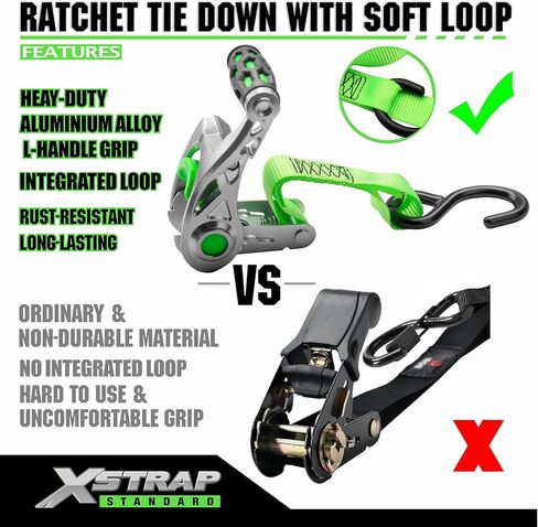 XSTRAP STANDARD 1in x 14ft Ratchet Straps with Ergonomic Aluminium Alloy Handle and Coated S-Hooks - 500 lb. Working Load Limit / 1,500 lb. Breaking Strength - Green, 2PK in Saudi Arabia