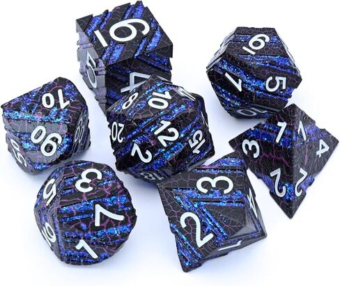 7PCS Glitter Stripe Metal Dice Set,Polyhedral Dice with Gift Case for DND Dungeons and Dragon RPG MTG Table Games (Green Glitter Stripes & Blue Texture) in Saudi Arabia