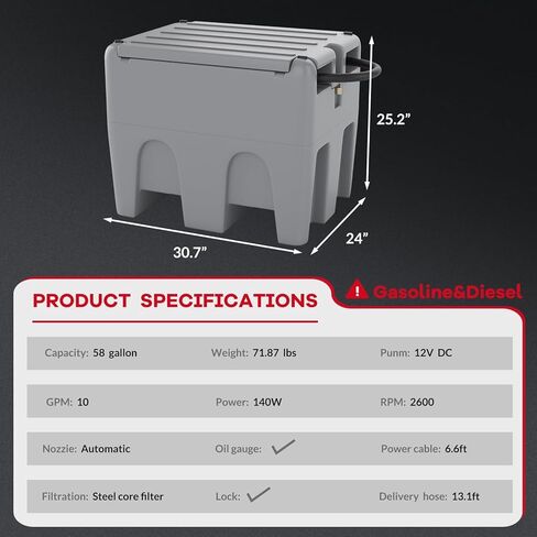 48 Gal Portable Fuel Tank, Diesel & Gasoline Transfer Tank, Durable Fuel Transfer Tank with 12v Electric Pump, 10GPM Flow, 13Ft Hose & Auto Nozzle, Easy Transportation in Saudi Arabia