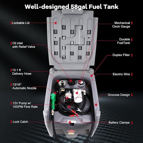 48 Gal Portable Fuel Tank, Diesel & Gasoline Transfer Tank, Durable Fuel Transfer Tank with 12v Electric Pump, 10GPM Flow, 13Ft Hose & Auto Nozzle, Easy Transportation in Saudi Arabia