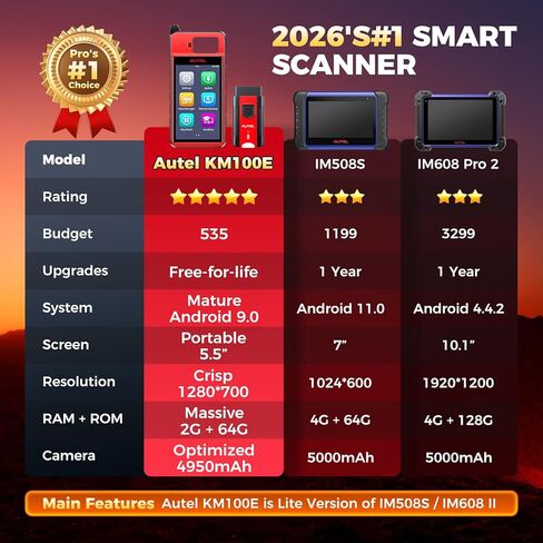 Autel Scanner KM100E OBD2 Tool: 2026 Lite Version of IM508 Pro, IM608 Pro 2 IM608S II, V200 Wireless BT Connect, Auto Scan 2.0, Android 9.0, 10X Faster Hardware, Full Functions, 200+ Brands Coverage in Kuwait