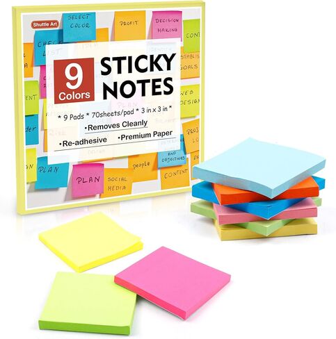 Sticky Notes, Shuttle Art 9 Bright Colors Stickies, 9 Pads 630 Sheets Total, 3x3 Inches Self-Stick Pads for Home, School, Office in Kuwait