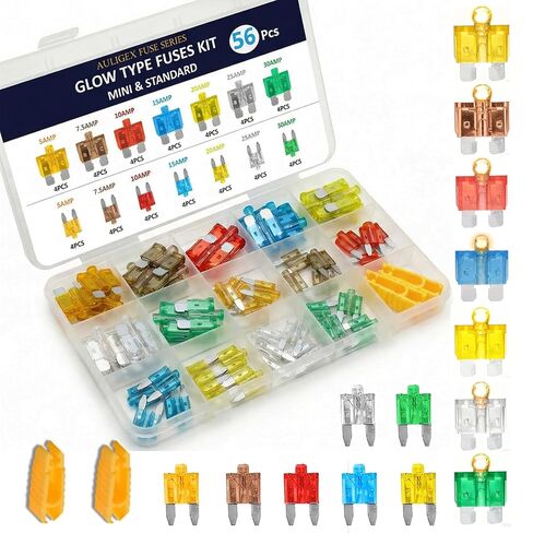 56pcs Light Up Fuses Automotive Assortment Kit, Glow Fuses with LED Indicator, Standard & Mini Blade Fuses Glow When Blown, Smart Car Fuse Replacement for Truck RV Boat SUV with 2 Pullers in Saudi Arabia